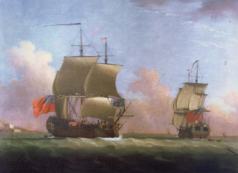 Monamy, Peter THe Ship rigged royal yacht Dublin in two positions Germany oil painting art